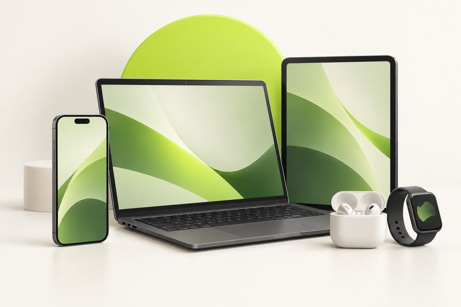 A concept illustration of a laptop, tablet, smartphone, wireless earbuds, and smartwatch.